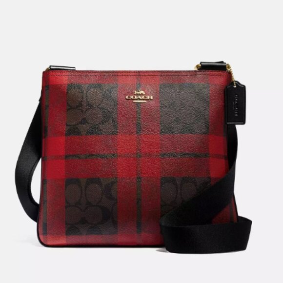 Coach Crossbody Purse Zip File Crossbody In Signature Canvas Field Plaid Print - Picture 1 of 12